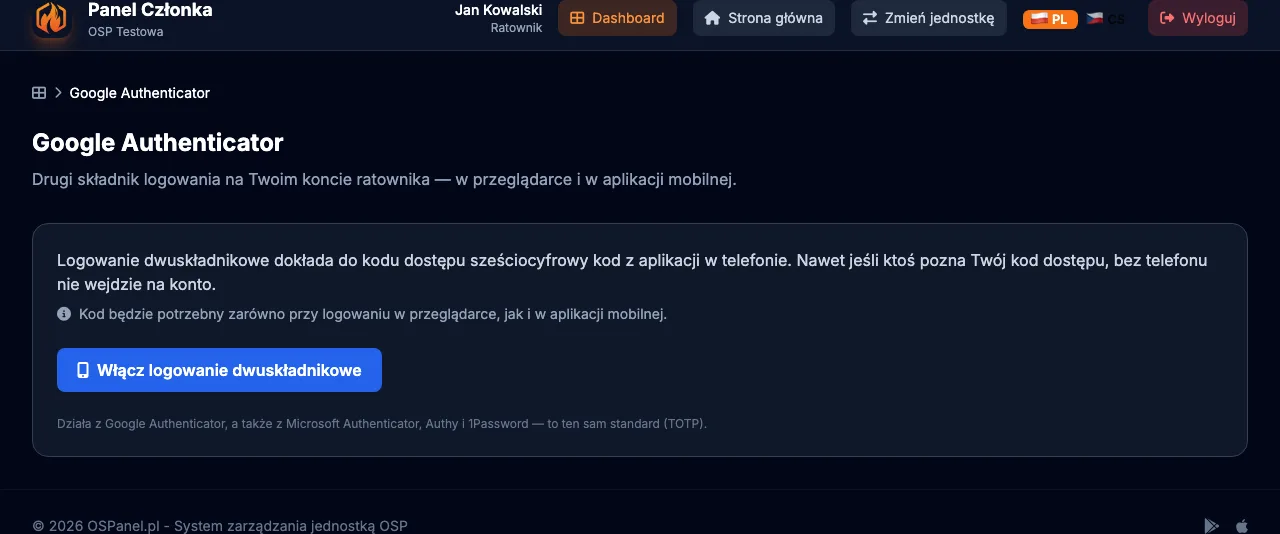 Ekran Google Authenticator w panelu członka przed włączeniem