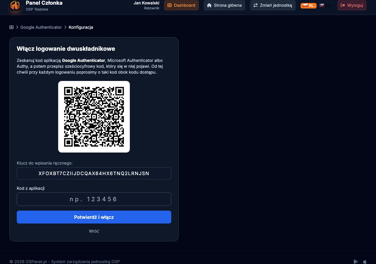 Kod QR i klucz do wpisania ręcznego