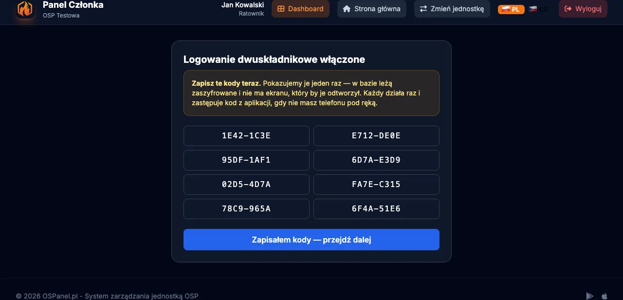Lista ośmiu kodów zapasowych
