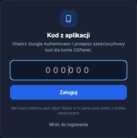 Ekran wpisania kodu przy logowaniu