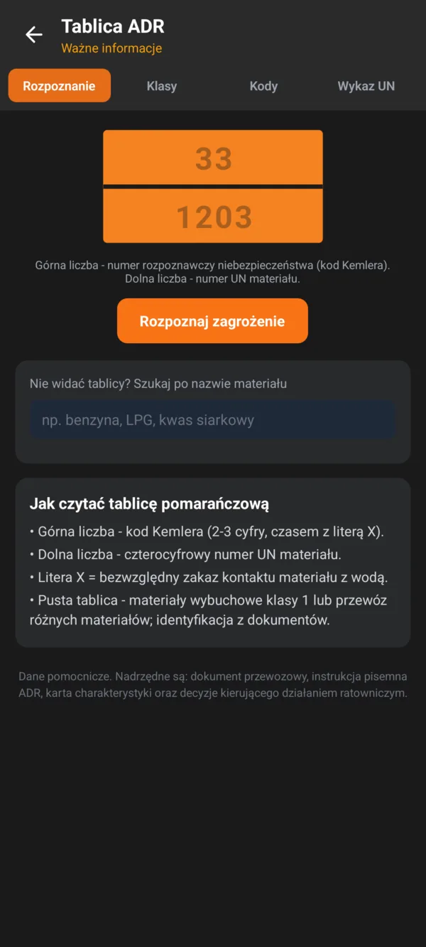 Tablica ADR w aplikacji