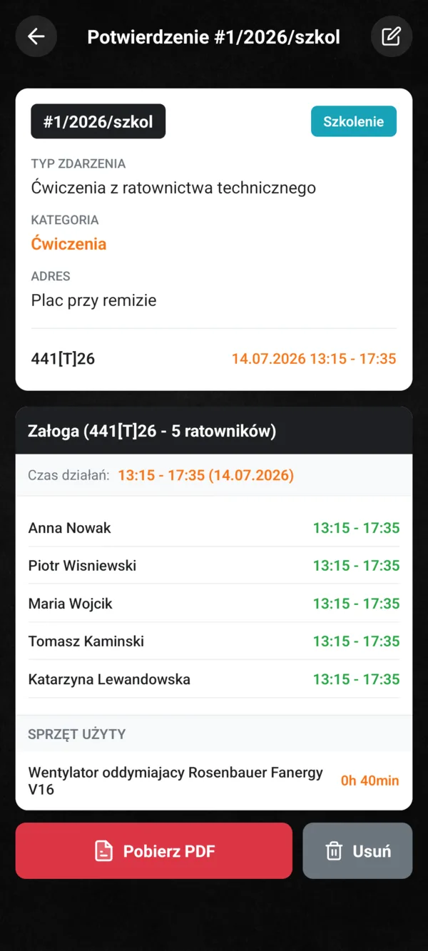 Szczegóły potwierdzenia w aplikacji