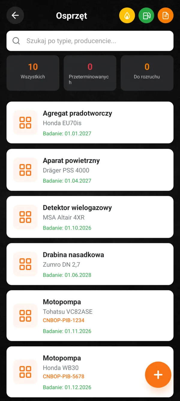 Lista sprzętu w aplikacji
