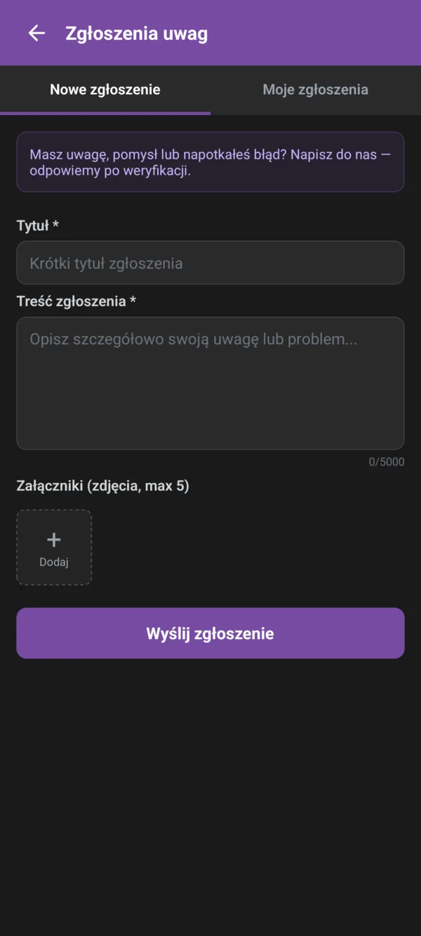 Zgłaszanie uwag w aplikacji