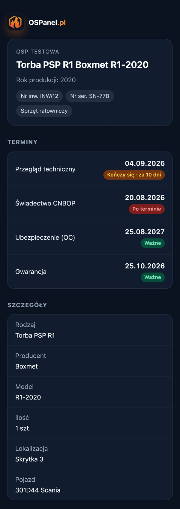 Karta sprzętu otwarta po zeskanowaniu kodu QR