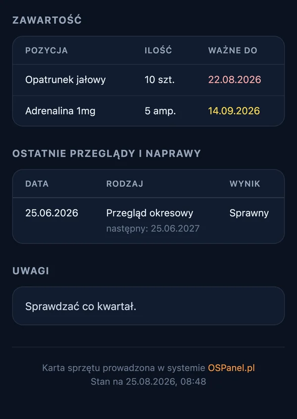 Zawartość sprzętu i historia przeglądów na karcie QR