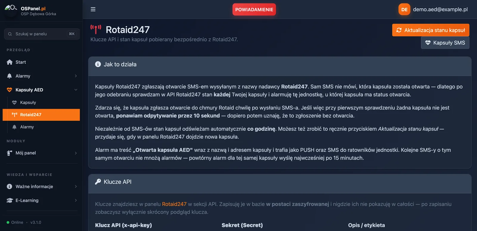 Zakładka Rotaid247 w panelu OSPanel z opisem działania integracji i przyciskiem aktualizacji stanu kapsuł