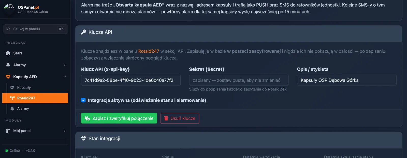 Formularz kluczy API Rotaid247 w panelu OSPanel: pole klucza, sekretu i opisu oraz przycisk zapisu z weryfikacją połączenia