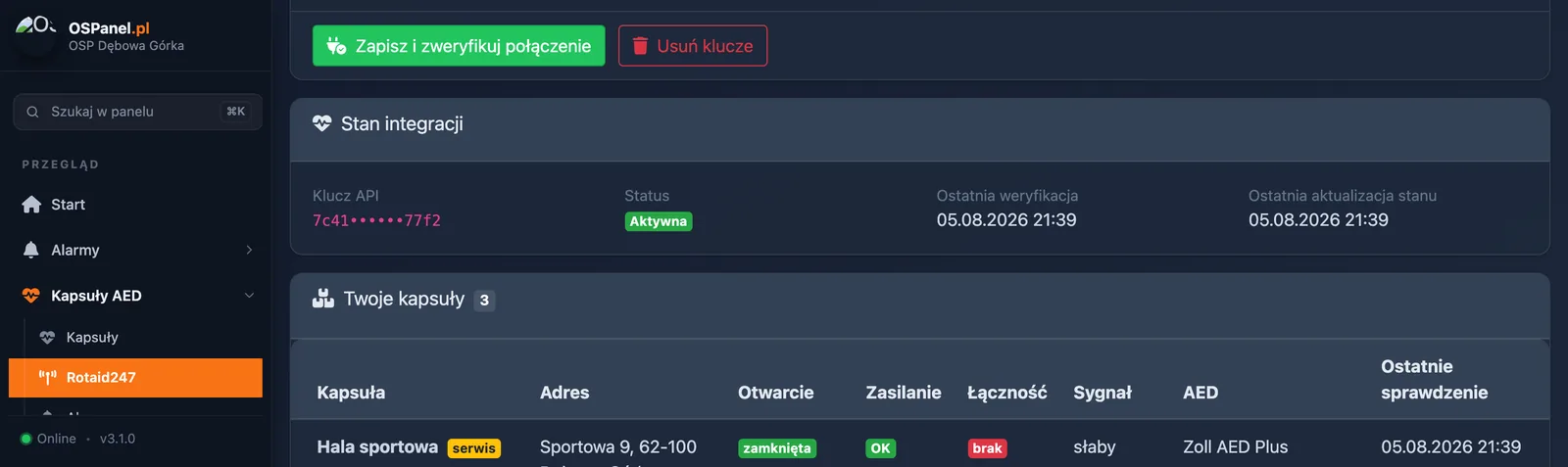 Karta stanu integracji Rotaid247: zamaskowany klucz API, status Aktywna oraz daty ostatniej weryfikacji i aktualizacji stanu