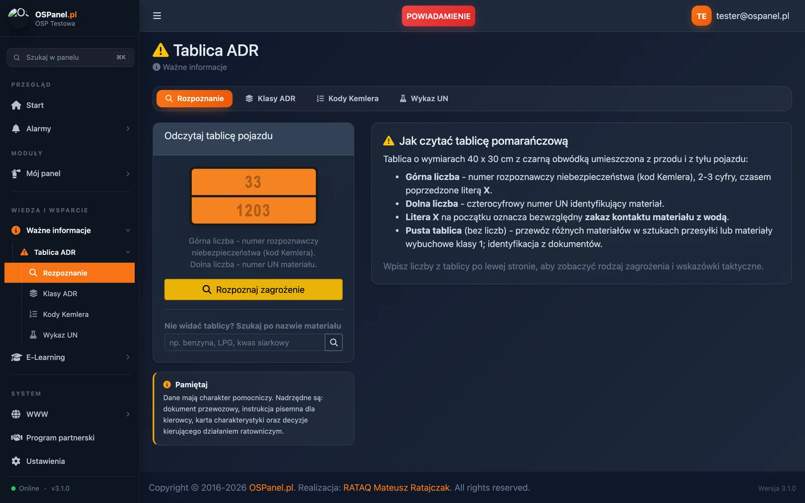 Rozpoznawanie zagrożenia po tablicy ADR
