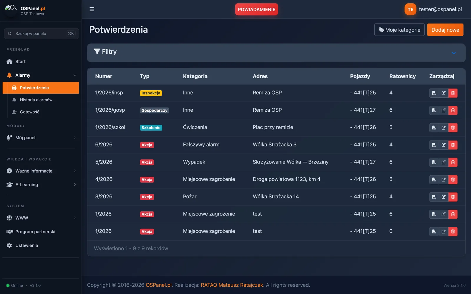 Lista potwierdzeń z filtrami